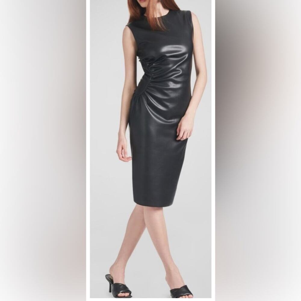 NWT Sachin & Babi Diana Black Ruched‎ Midi Dress Vegan Leather Sleeveless 12